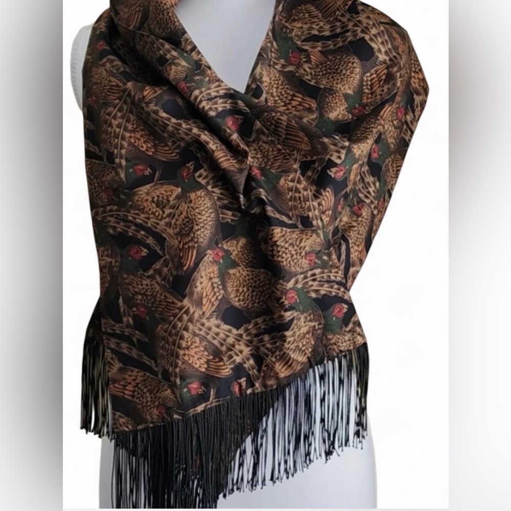 Darcy Creech Pheasant Print Fringe Scarf Wrap